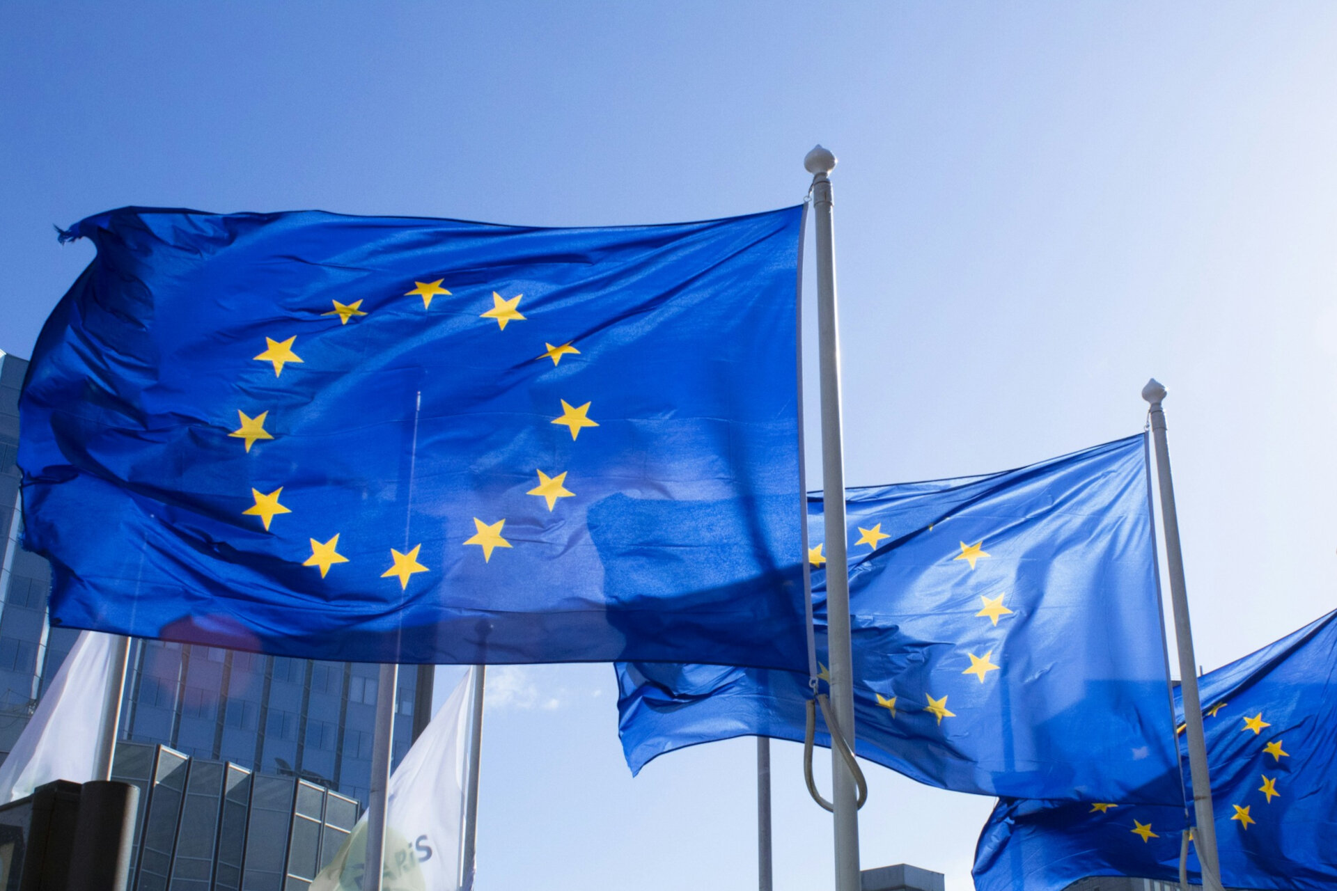 Mehrere Flaggen der Europäischen Union flattern im Wind. | © Alexandre Lallemand / Unsplash