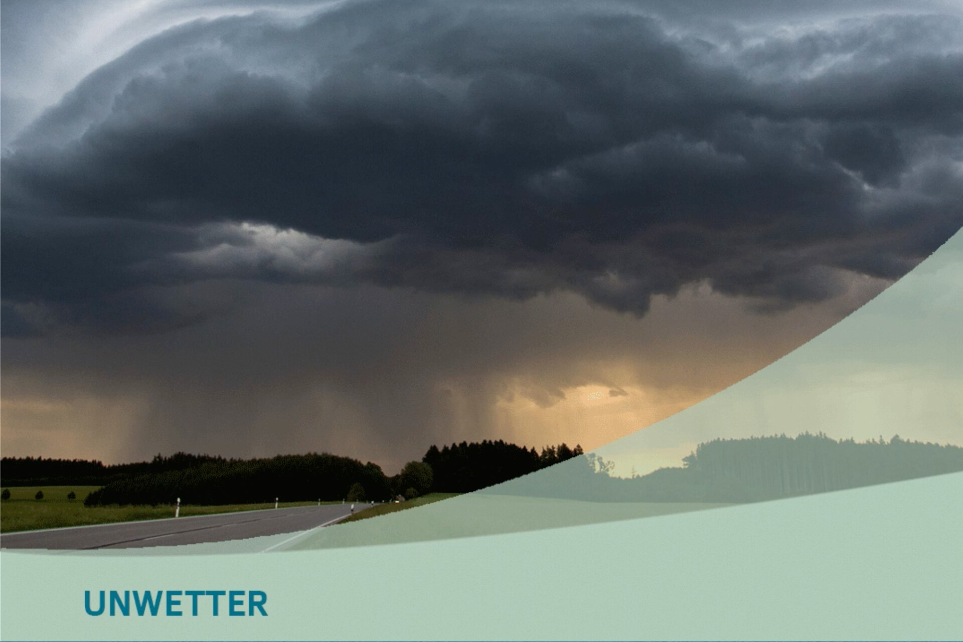 Unwetter in Sicht | © DerTobiSturmjagd / Pixabay Auf dem Bild sieht man dunkle dicke Wolken, aus denen in der Ferne wohl schon starker Regen kommt. Auf dem Bild steht unten geschrieben "Unwetter" | © DerTobiSturmjagd / Pixabay
