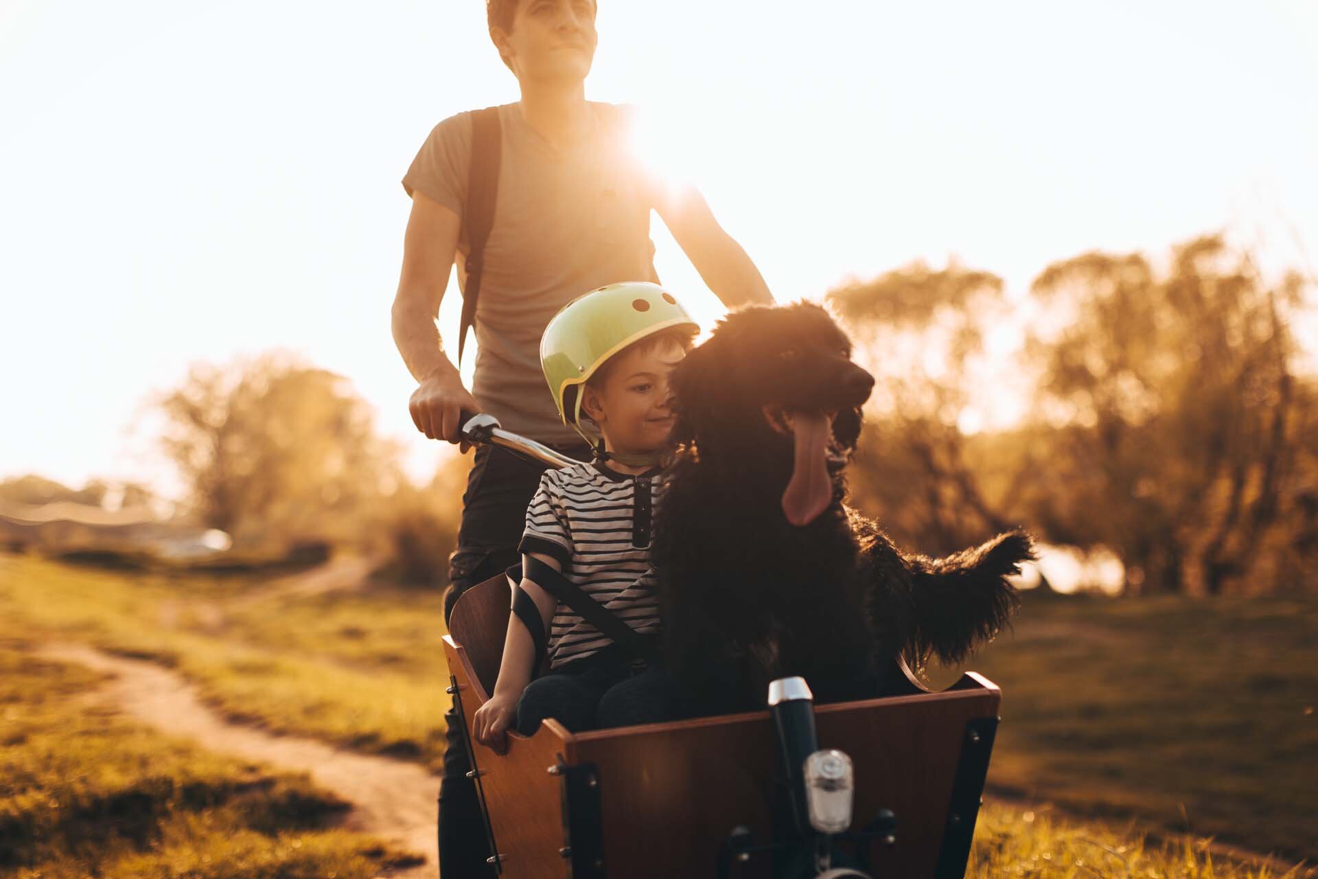  Ein Mann und ein Kind fahren auf einem Lastenrad, begleitet von einem Hund.